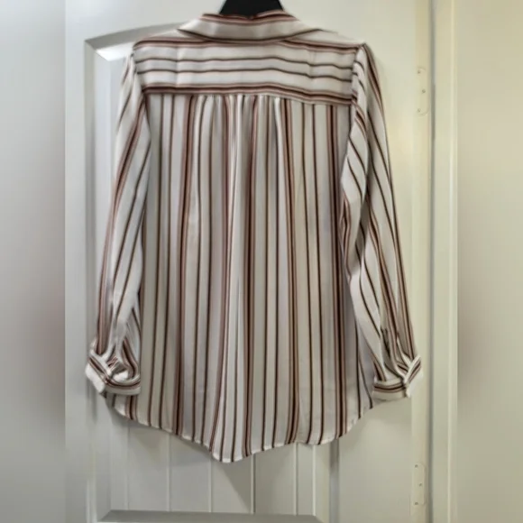 Ann Taylor Factory White and Brown Striped Casual Button Down Shirt LP - Picture 8 of 8